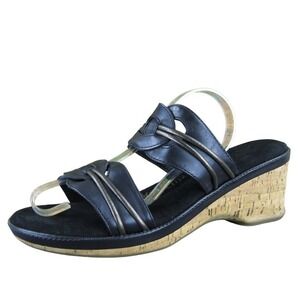 Modellista Women's Frenzy Black Leather Cork Wedge‎ Sandals Size 8 M
